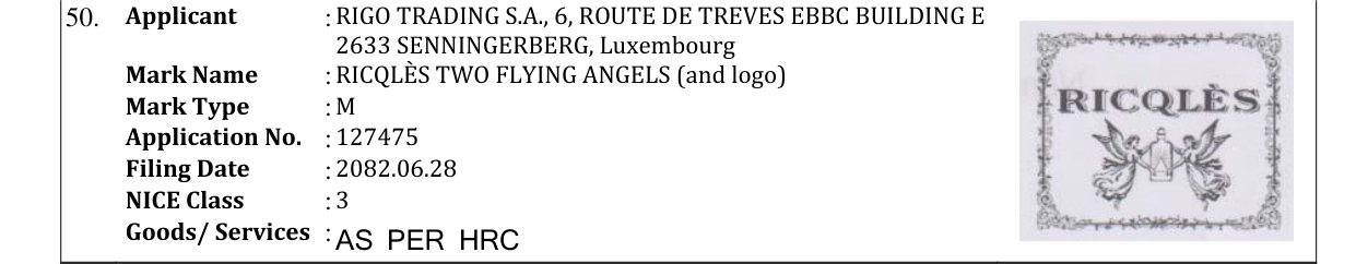 Original bulletin entry for RICQLÈS TWO FLYING ANGELS (and logo)