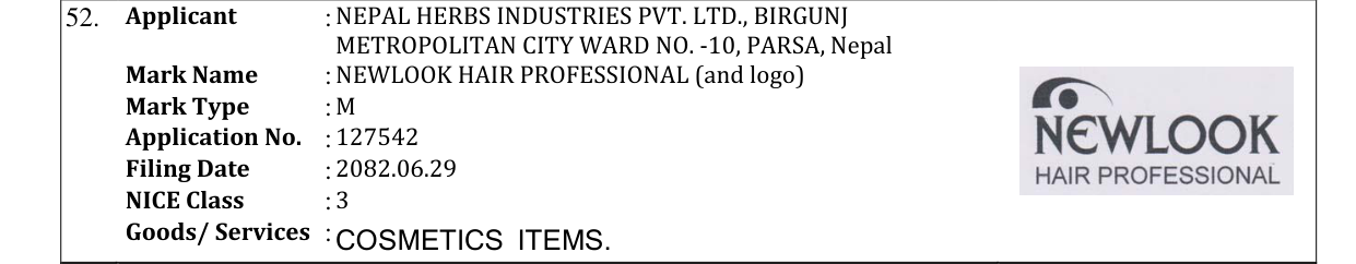 Original bulletin entry for NEWLOOK HAIR PROFESSIONAL (and logo)