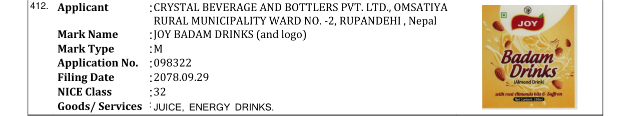 Original bulletin entry for JOY BADAM DRINKS (and logo)