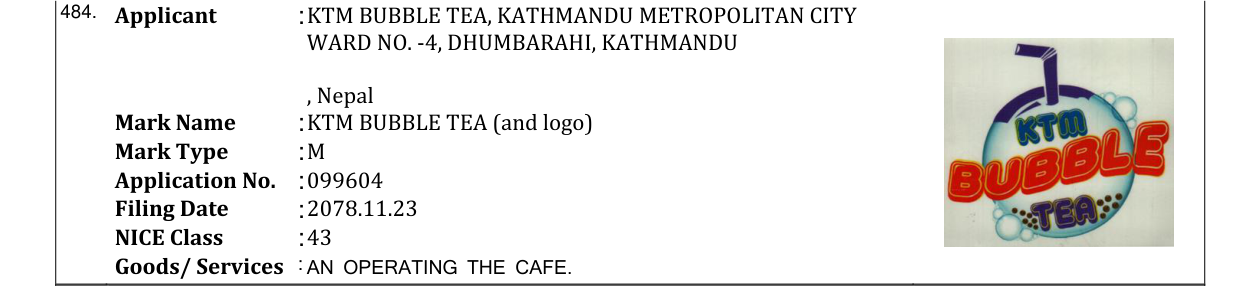 Original bulletin entry for KTM BUBBLE TEA (and logo)