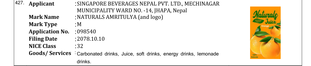 Original bulletin entry for NATURALS AMRITULYA (and logo)