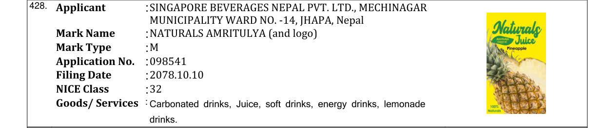 Original bulletin entry for NATURALS AMRITULYA (and logo)
