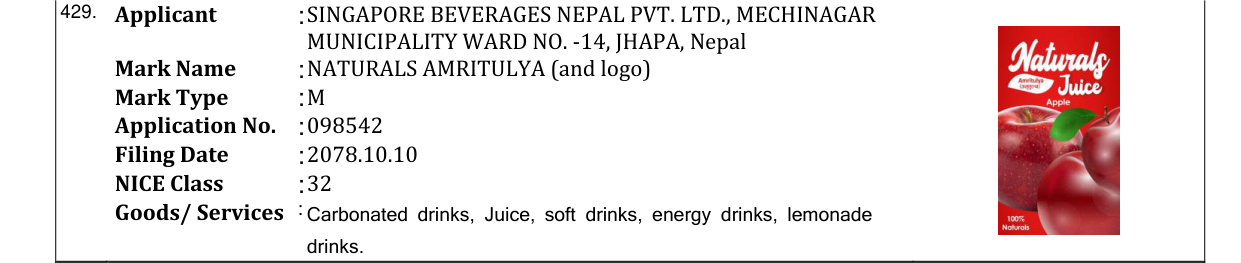 Original bulletin entry for NATURALS AMRITULYA (and logo)
