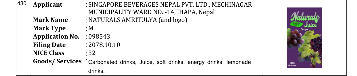 Original bulletin entry for NATURALS AMRITULYA (and logo)