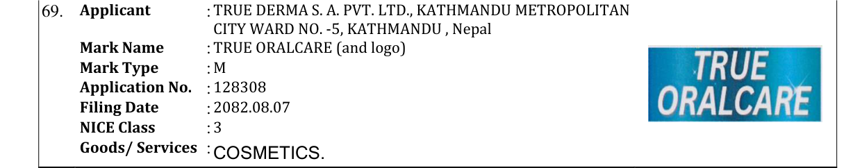 Original bulletin entry for TRUE ORALCARE (and logo)