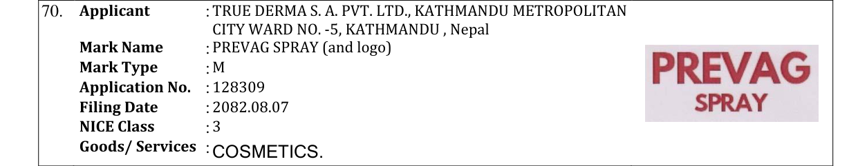 Original bulletin entry for PREVAG SPRAY (and logo)