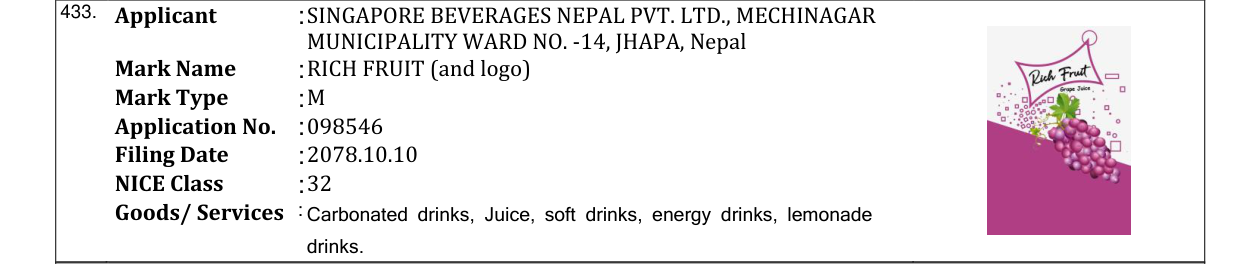 Original bulletin entry for RICH FRUIT (and logo)