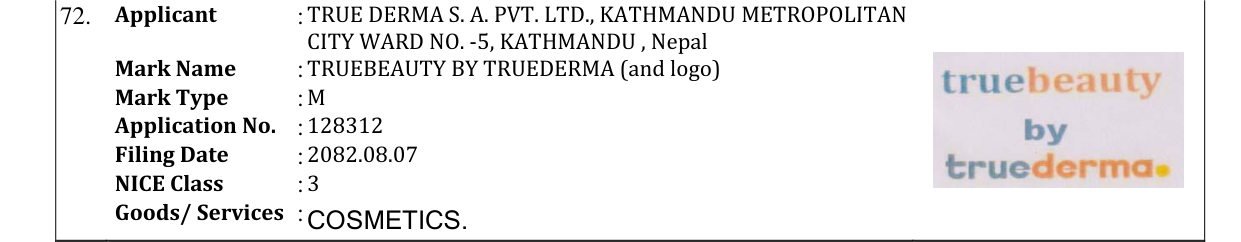 Original bulletin entry for TRUEBEAUTY BY TRUEDERMA (and logo)
