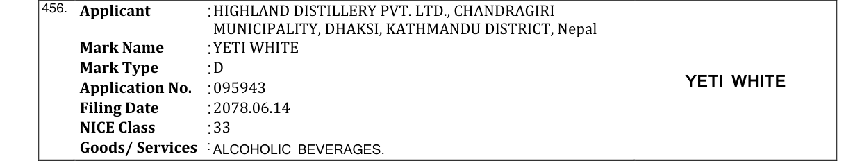 Original bulletin entry for YETI WHITE