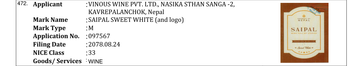 Original bulletin entry for SAIPAL SWEET WHITE (and logo)