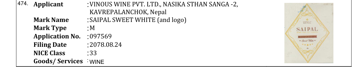 Original bulletin entry for SAIPAL SWEET WHITE (and logo)