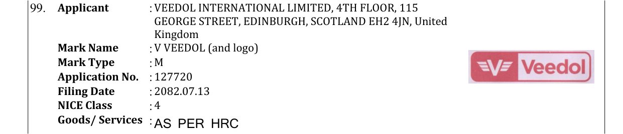 Original bulletin entry for V VEEDOL (and logo)