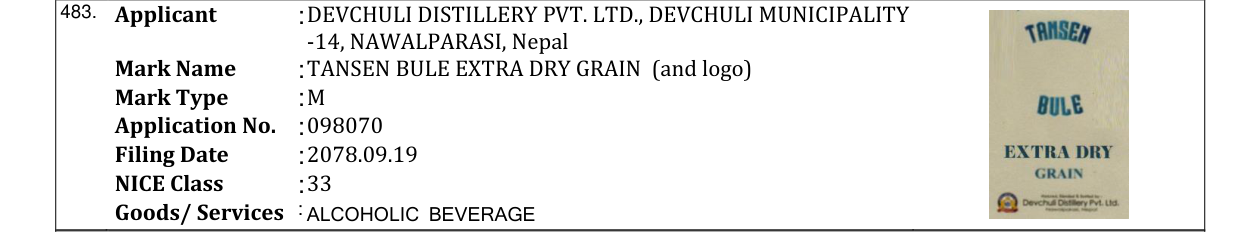 Original bulletin entry for TANSEN BULE EXTRA DRY GRAIN (and logo)