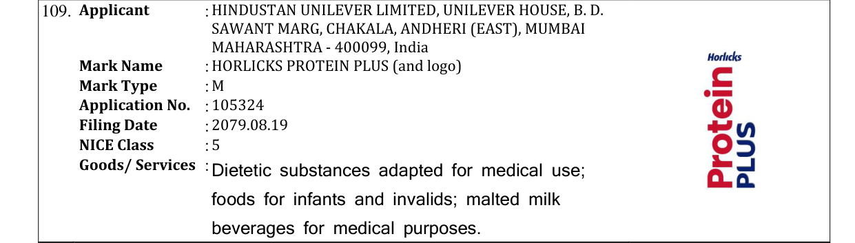 Original bulletin entry for HORLICKS PROTEIN PLUS (and logo)