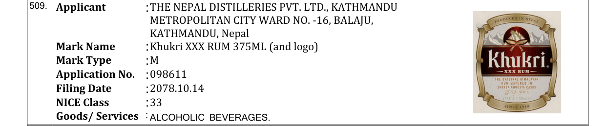 Original bulletin entry for Khukri XXX RUM 375ML (and logo)