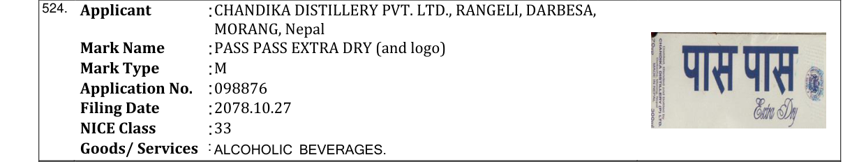 Original bulletin entry for PASS PASS EXTRA DRY (and logo)