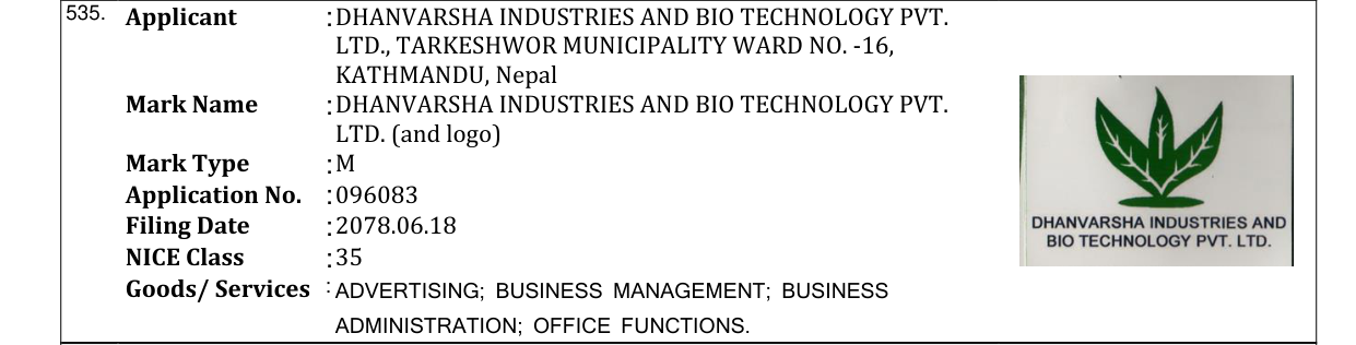 Original bulletin entry for DHANVARSHA INDUSTRIES AND BIO TECHNOLOGY PVT. LTD. (and logo)