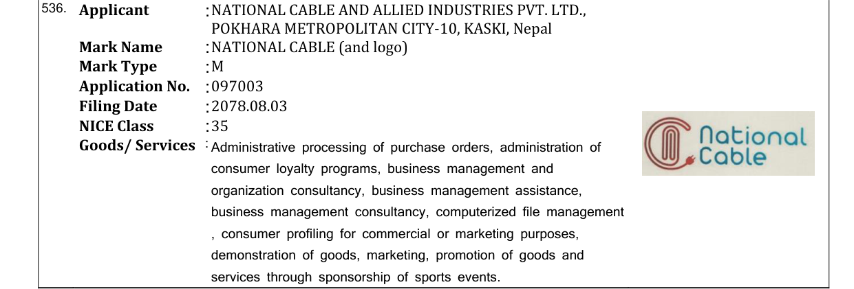 Original bulletin entry for NATIONAL CABLE (and logo)