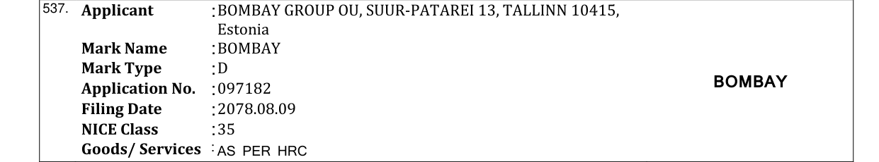 Original bulletin entry for BOMBAY