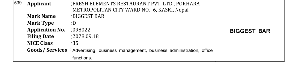 Original bulletin entry for BIGGEST BAR