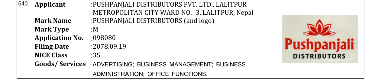 Original bulletin entry for PUSHPANJALI DISTRIBUTORS (and logo)