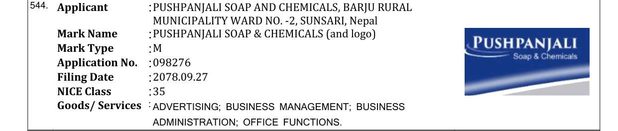 Original bulletin entry for PUSHPANJALI SOAP & CHEMICALS (and logo)