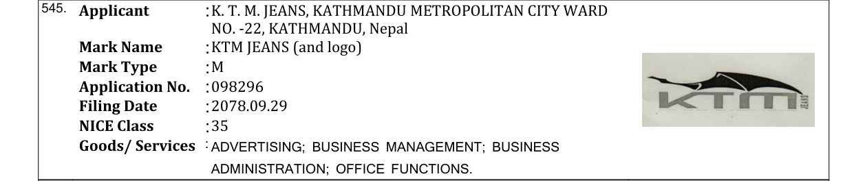 Original bulletin entry for KTM JEANS (and logo)