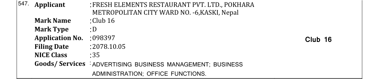 Original bulletin entry for Club 16