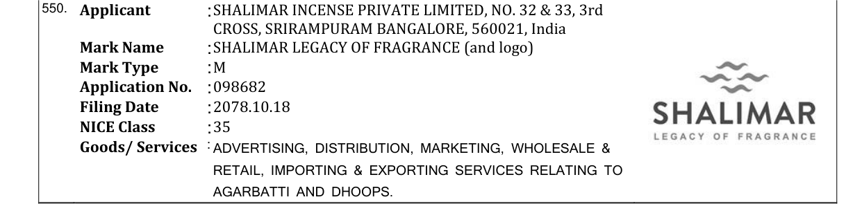 Original bulletin entry for SHALIMAR LEGACY OF FRAGRANCE (and logo)