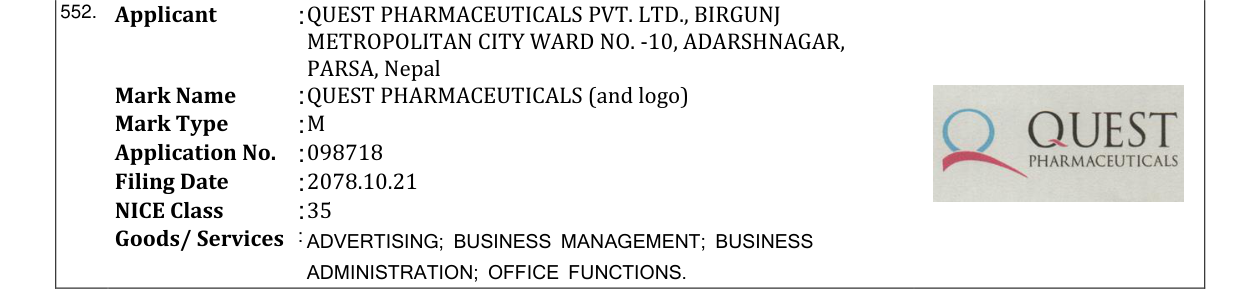 Original bulletin entry for QUEST PHARMACEUTICALS (and logo)