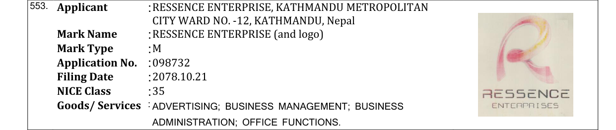 Original bulletin entry for RESSENCE ENTERPRISE (and logo)
