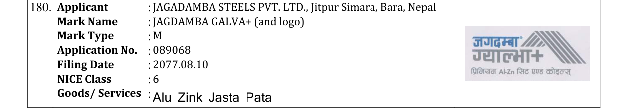 Original bulletin entry for JAGDAMBA GALVA+ (and logo)