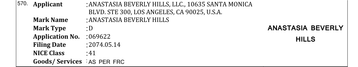 Original bulletin entry for ANASTASIA BEVERLY HILLS