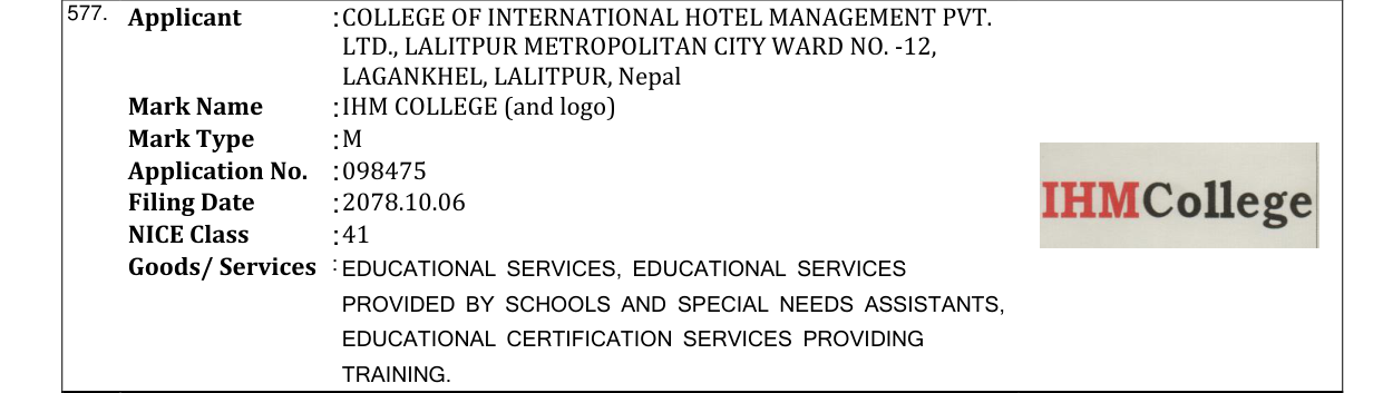 Original bulletin entry for IHM COLLEGE (and logo)