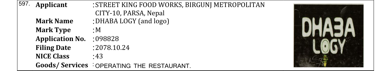 Original bulletin entry for DHABA LOGY (and logo)