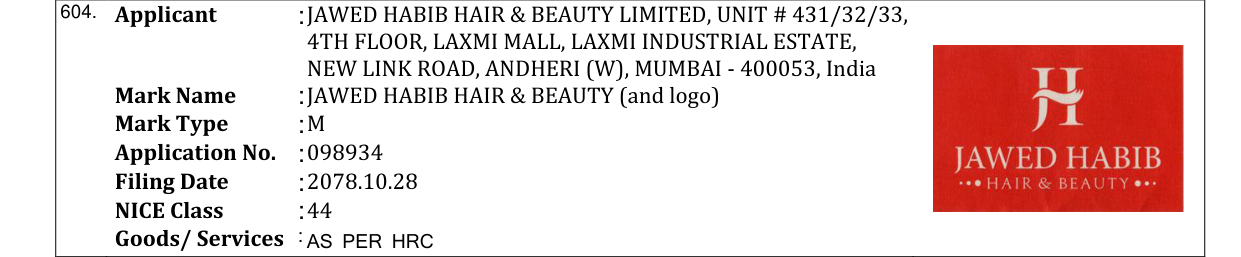 Original bulletin entry for JAWED HABIB HAIR & BEAUTY (and logo)