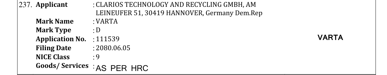 Original bulletin entry for VARTA