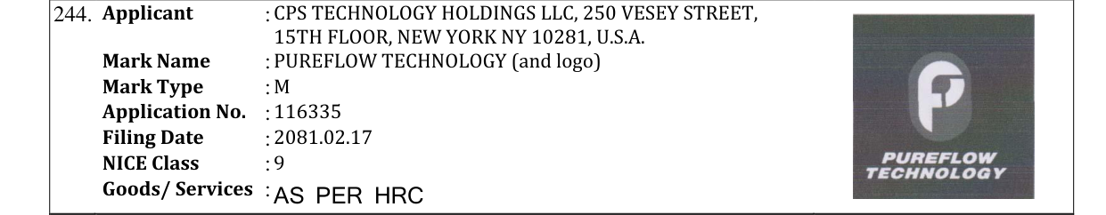Original bulletin entry for PUREFLOW TECHNOLOGY (and logo)