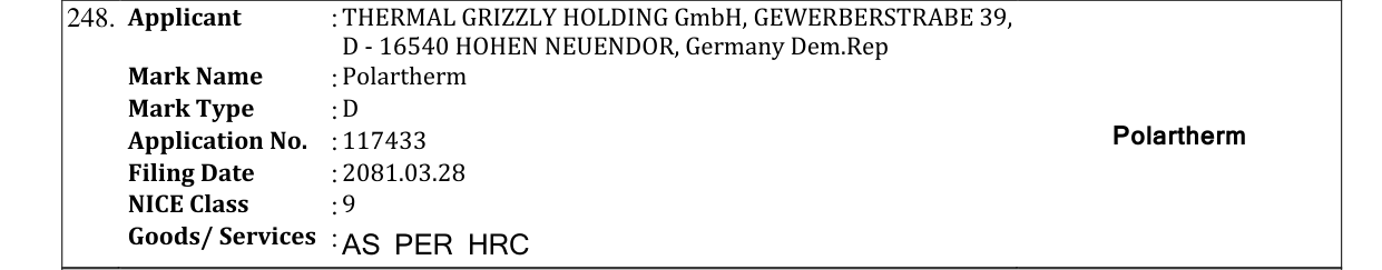Original bulletin entry for Polartherm