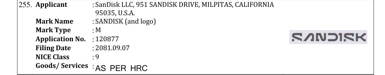 Original bulletin entry for SANDISK (and logo)