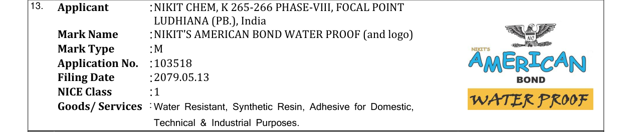 Original bulletin entry for NIKIT'S AMERICAN BOND WATER PROOF (and logo)