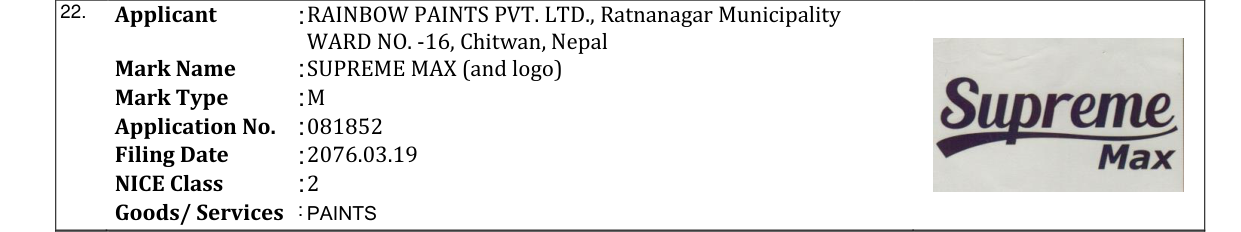 Original bulletin entry for SUPREME MAX (and logo)