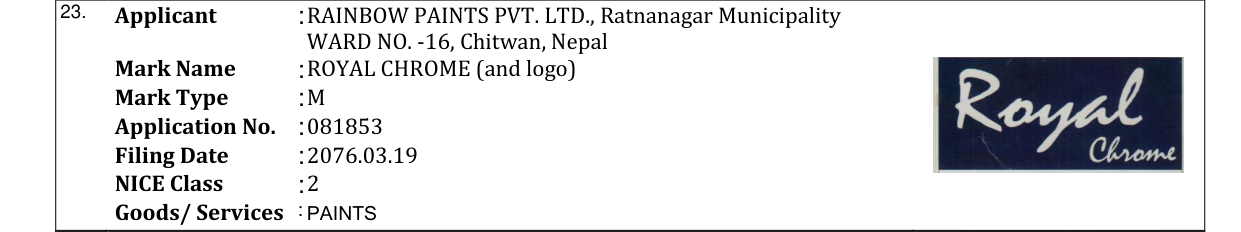 Original bulletin entry for ROYAL CHROME (and logo)