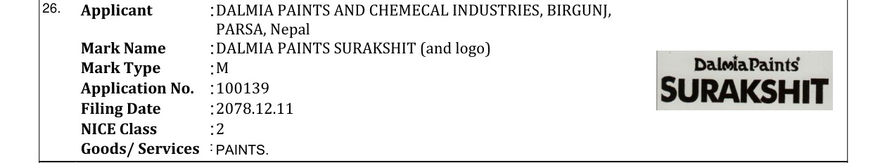 Original bulletin entry for DALMIA PAINTS SURAKSHIT (and logo)