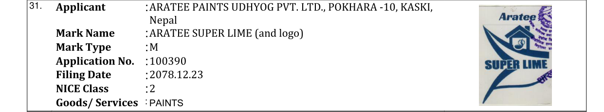 Original bulletin entry for ARATEE SUPER LIME (and logo)