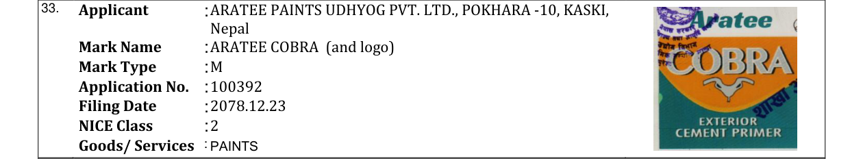 Original bulletin entry for ARATEE COBRA (and logo)