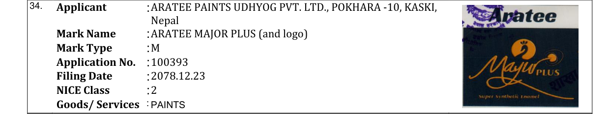 Original bulletin entry for ARATEE MAJOR PLUS (and logo)