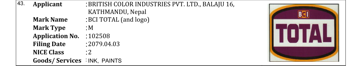 Original bulletin entry for BCI TOTAL (and logo)