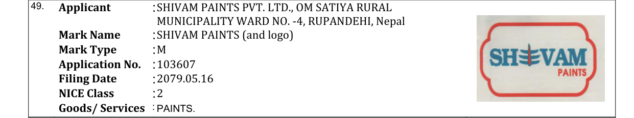 Original bulletin entry for SHIVAM PAINTS (and logo)