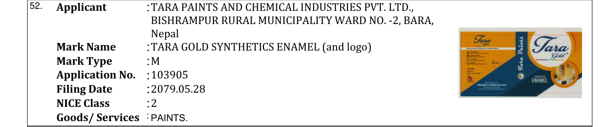 Original bulletin entry for TARA GOLD SYNTHETICS ENAMEL (and logo)